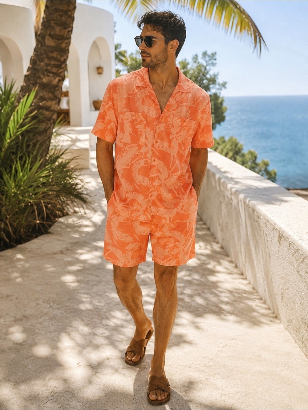 Onia Matching Resort Set | Coral Tropical Camp Shirt & Swim Trunks | Size Smalll